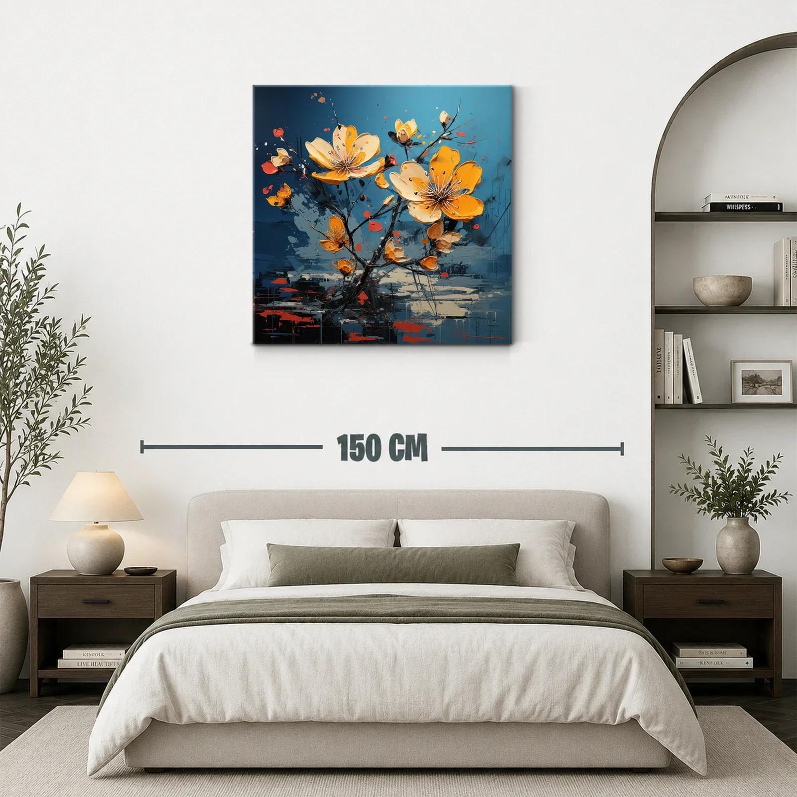 Cuadro floral en vibrantes tonos amarillos y fondo azul — miniatura 3