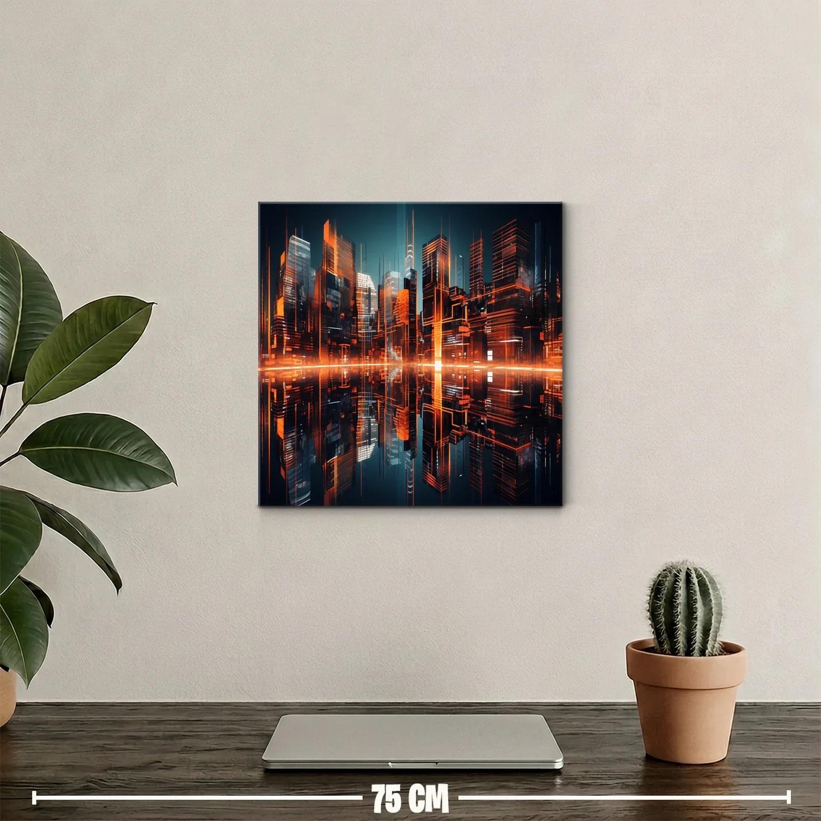 Ciudad futurista iluminada con reflejos naranjas vibrantes — miniatura 2