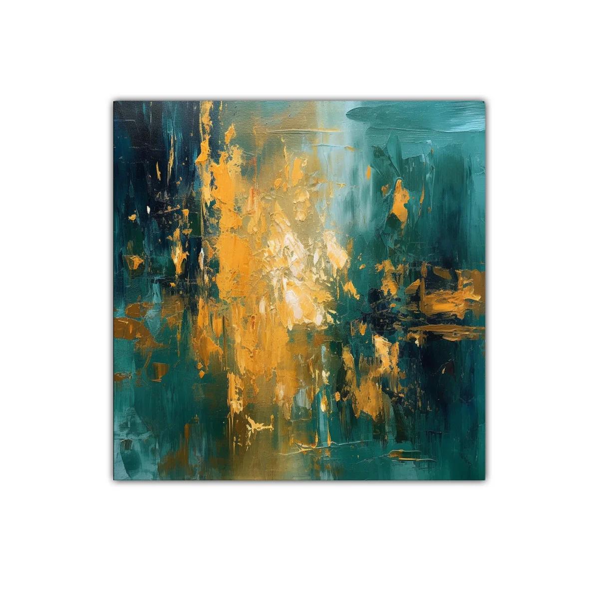 Cuadro abstracto con tonos dorados y verdes vibrantes