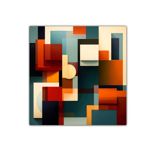 Composición geométrica en tonos cálidos y azules contrastantes