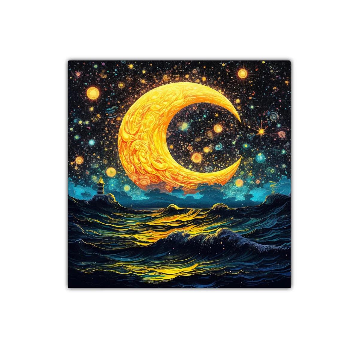 Luna dorada sobre océano estrellado en noche mágica