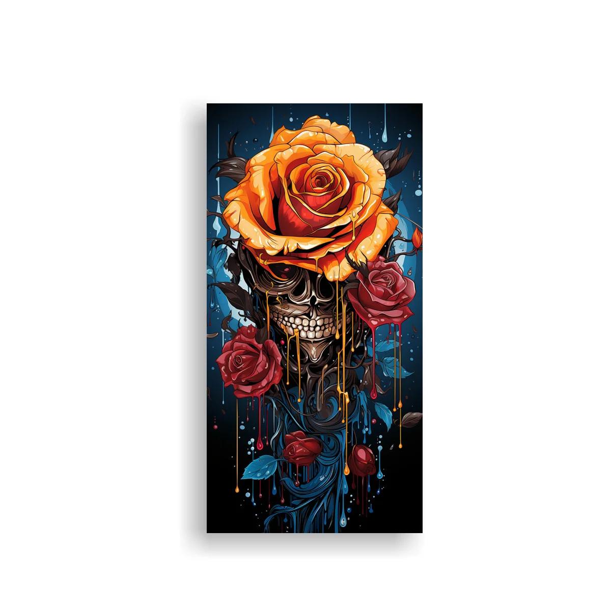 Cuadro calavera con rosa naranja y rosas rojas — imagen principal