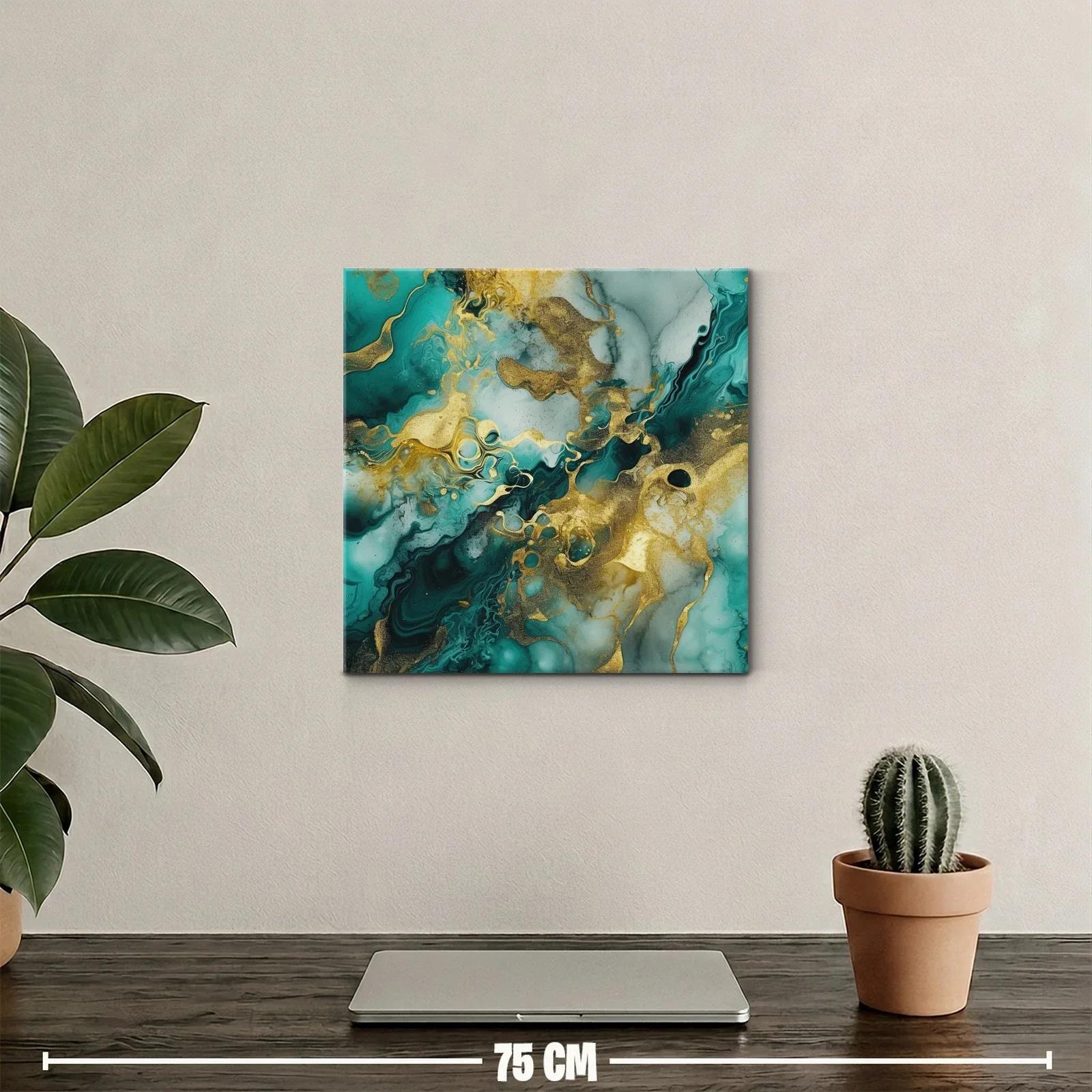 Cuadro abstracto con dorado y tonos verdes marinos vibrantes — miniatura 2