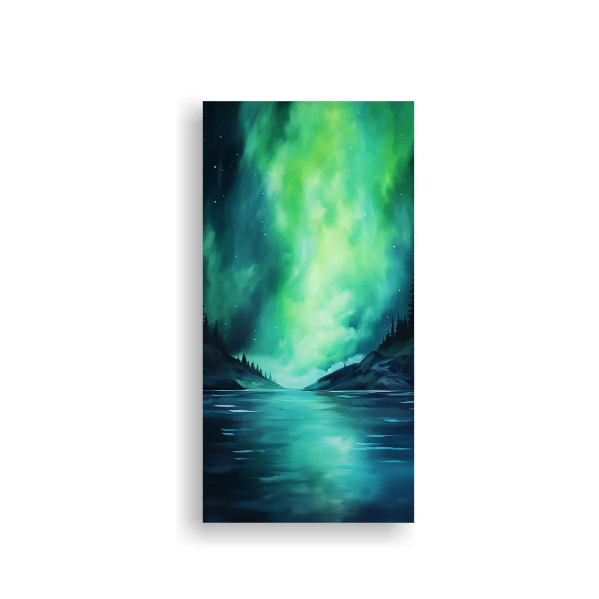 Cuadro aurora boreal sobre un lago con reflejo turquesa