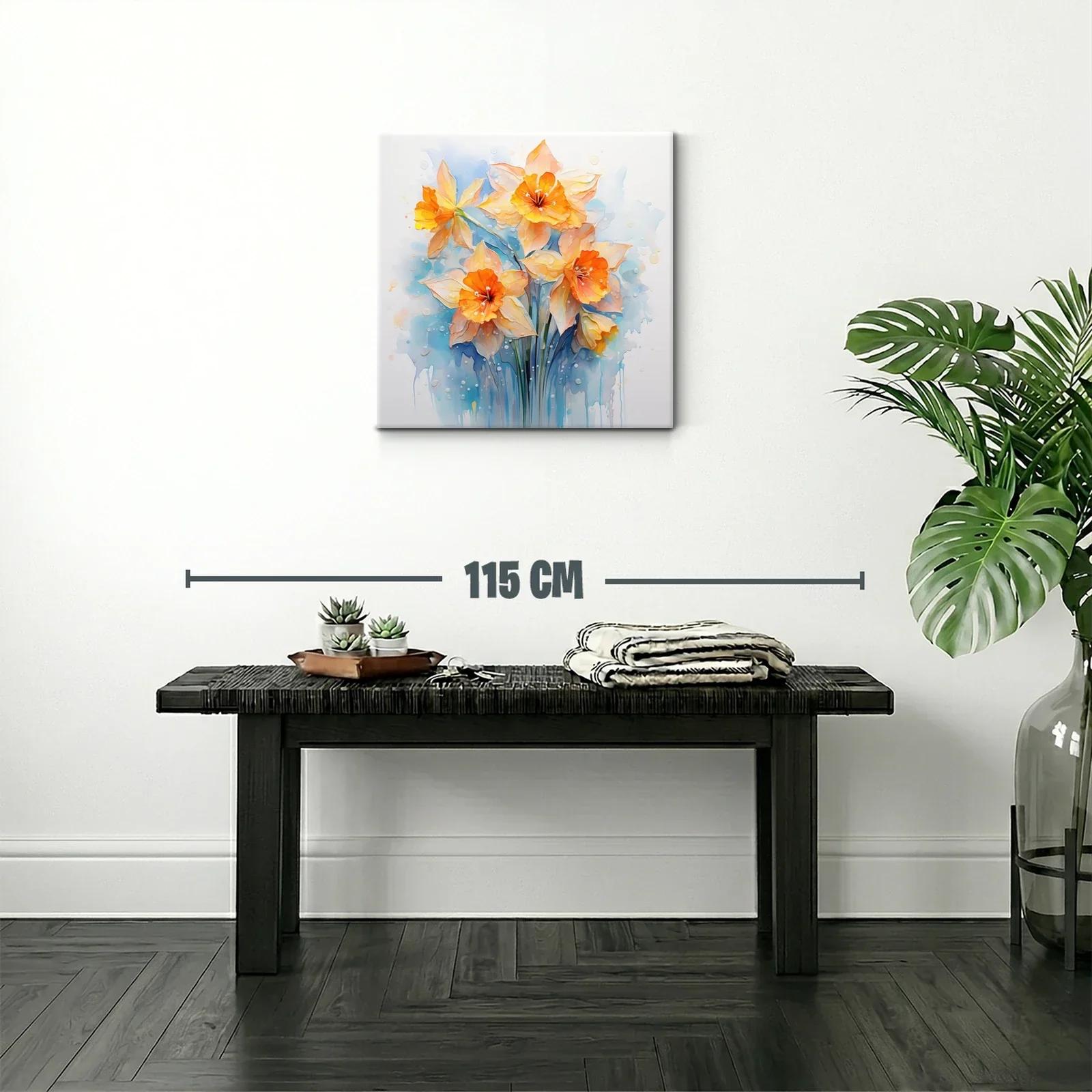 Cuadro floral con narcisos en tonos cálidos y azules suaves — miniatura 2