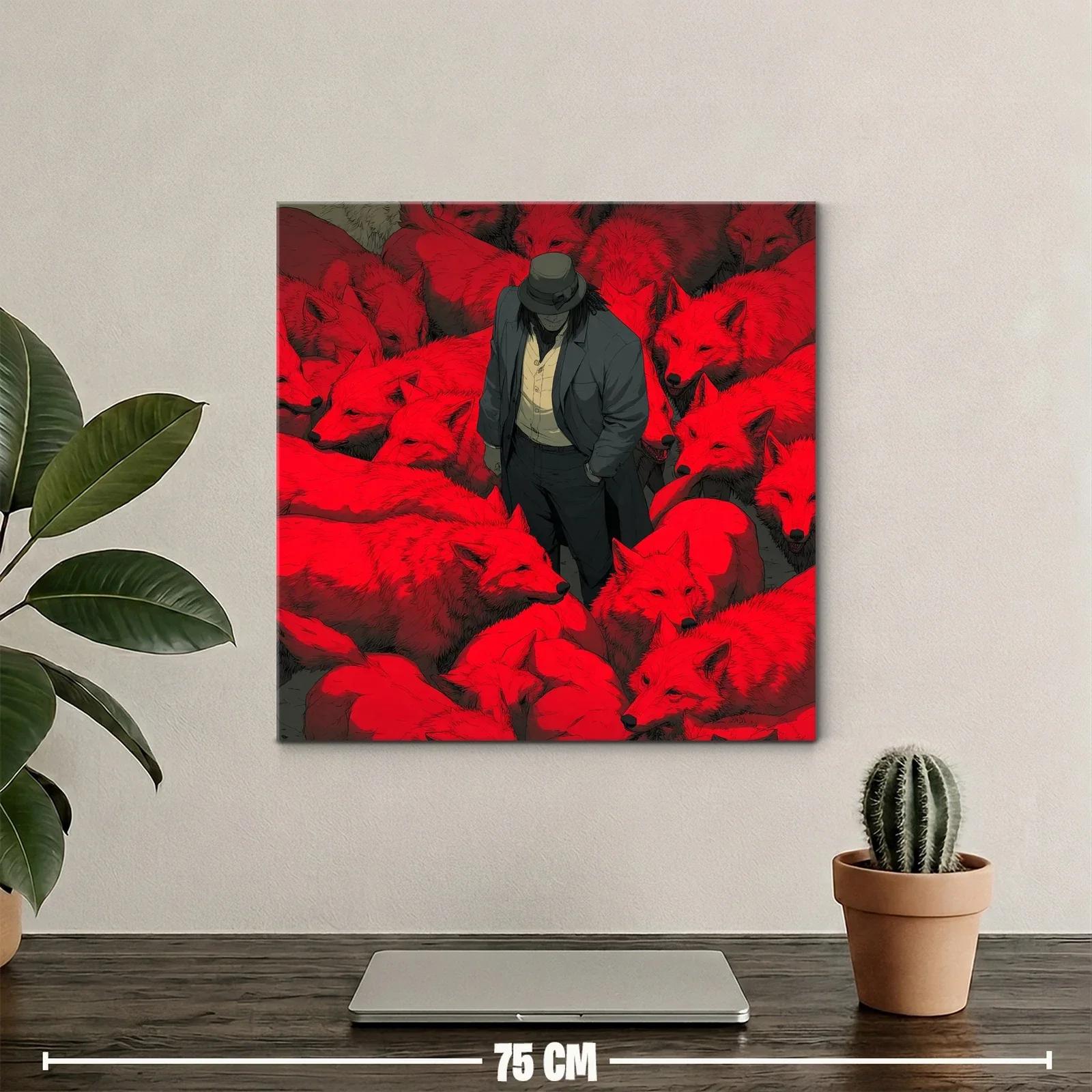 Cuadro Impactante con Hombre entre Lobos Rojos Intensos — miniatura 2