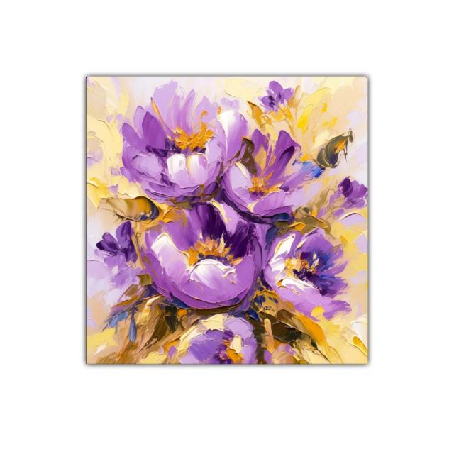 Cuadro floral vibrante en tonos morados y amarillos energéticos