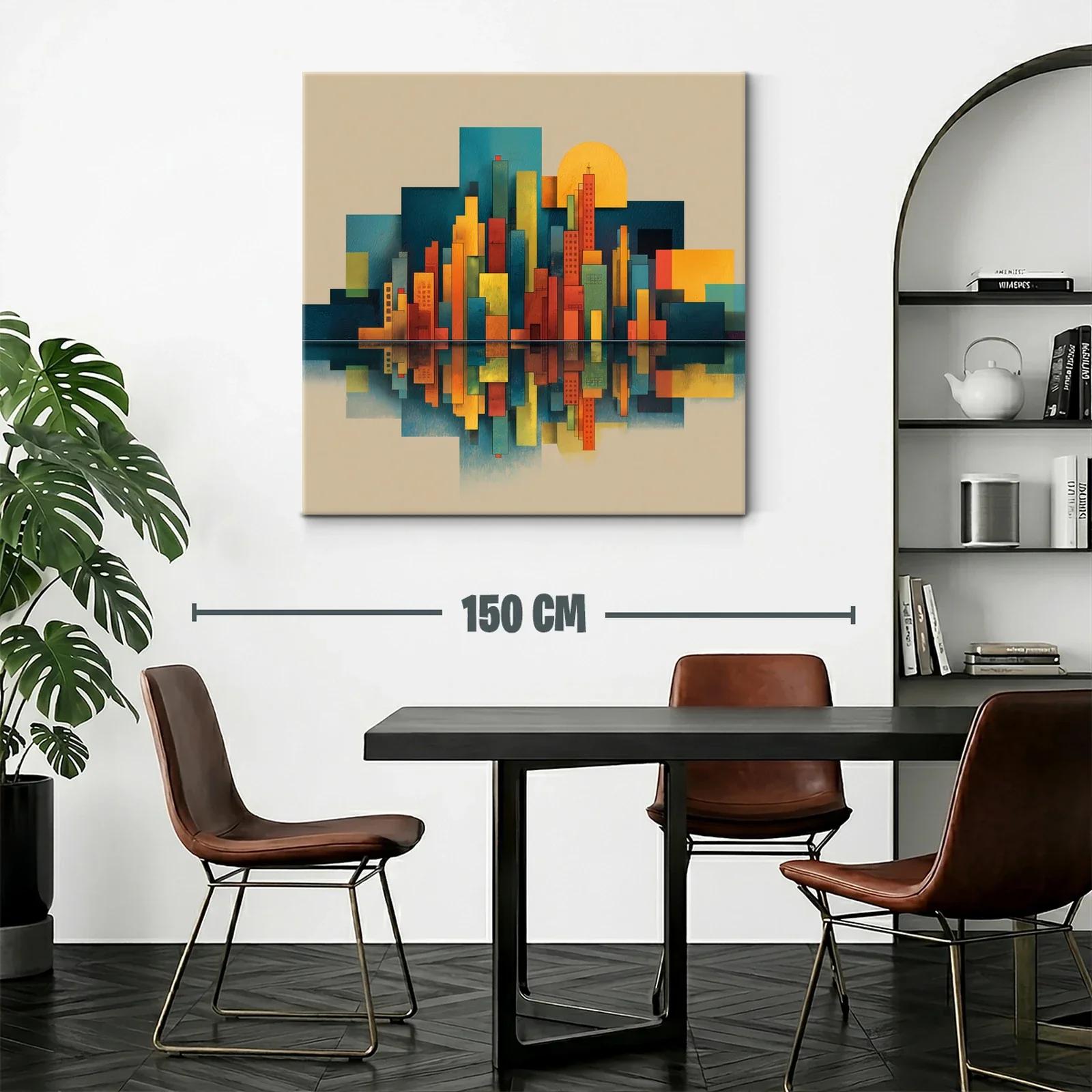 Cuadro de ciudad geométrica con reflejo al atardecer — miniatura 2