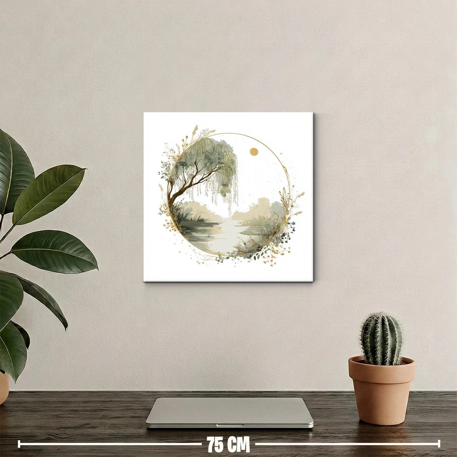 Cuadro paisaje sereno con sauce y detalles dorados — miniatura 2