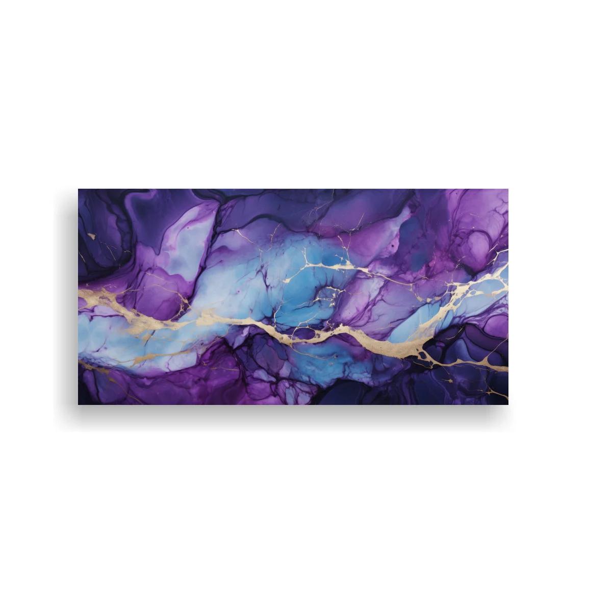 Cuadro abstracción marmolada violeta y azul con vetas doradas