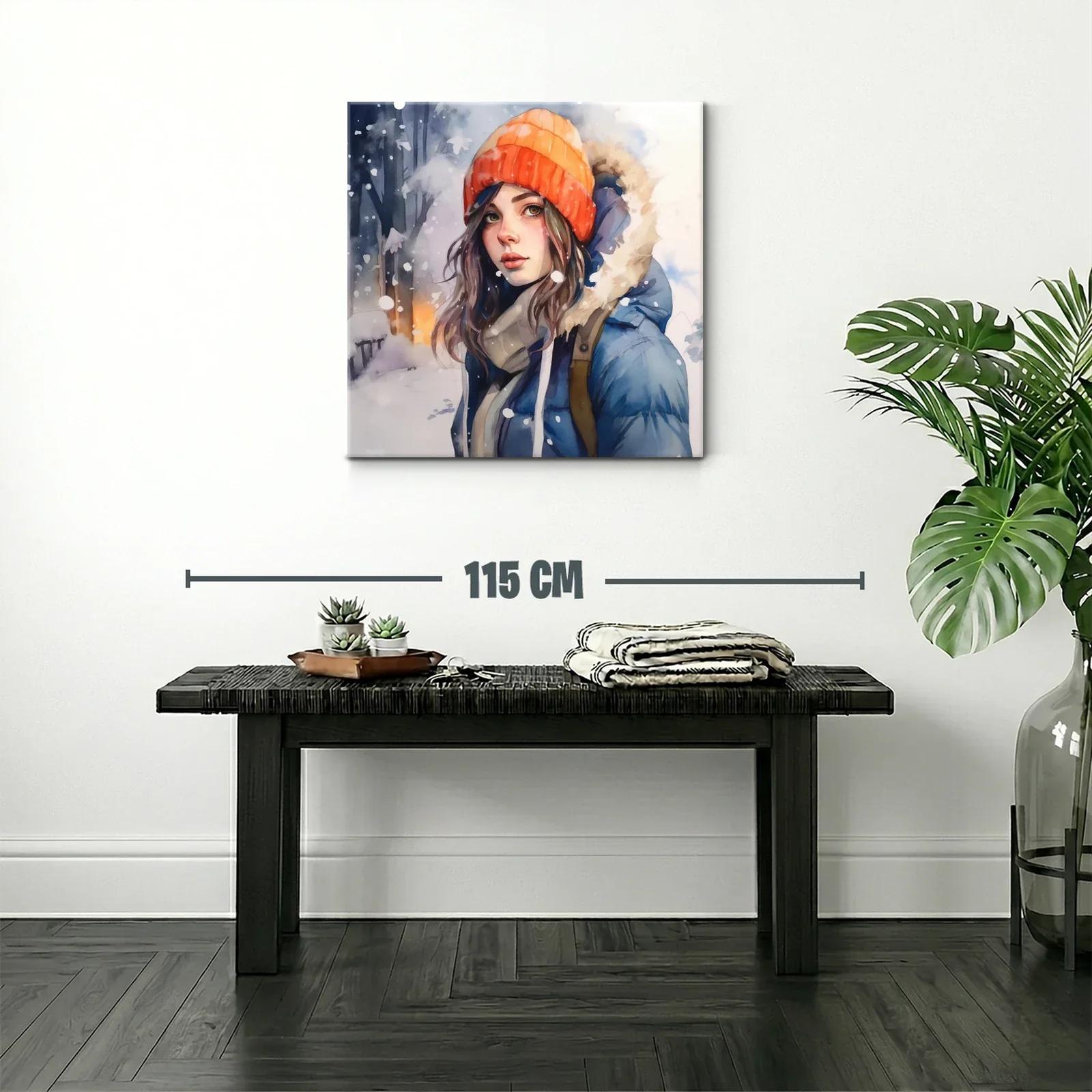 Retrato femenino invernal con gorro naranja y abrigo azul — miniatura 2