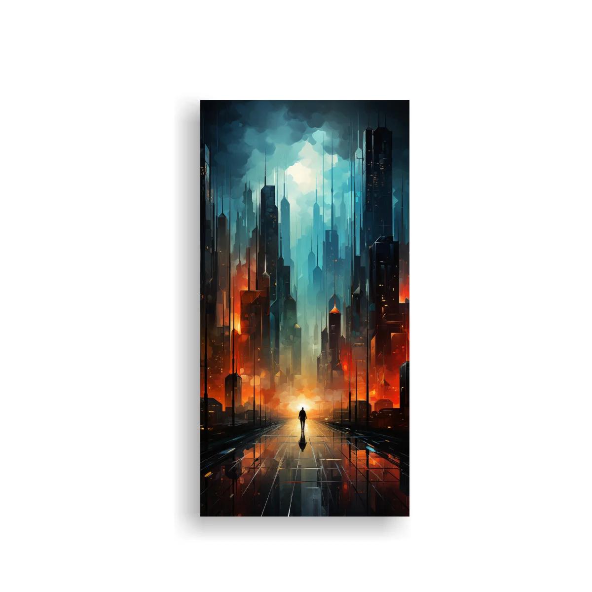 Cuadro figura solitaria en ciudad futurista con reflejos