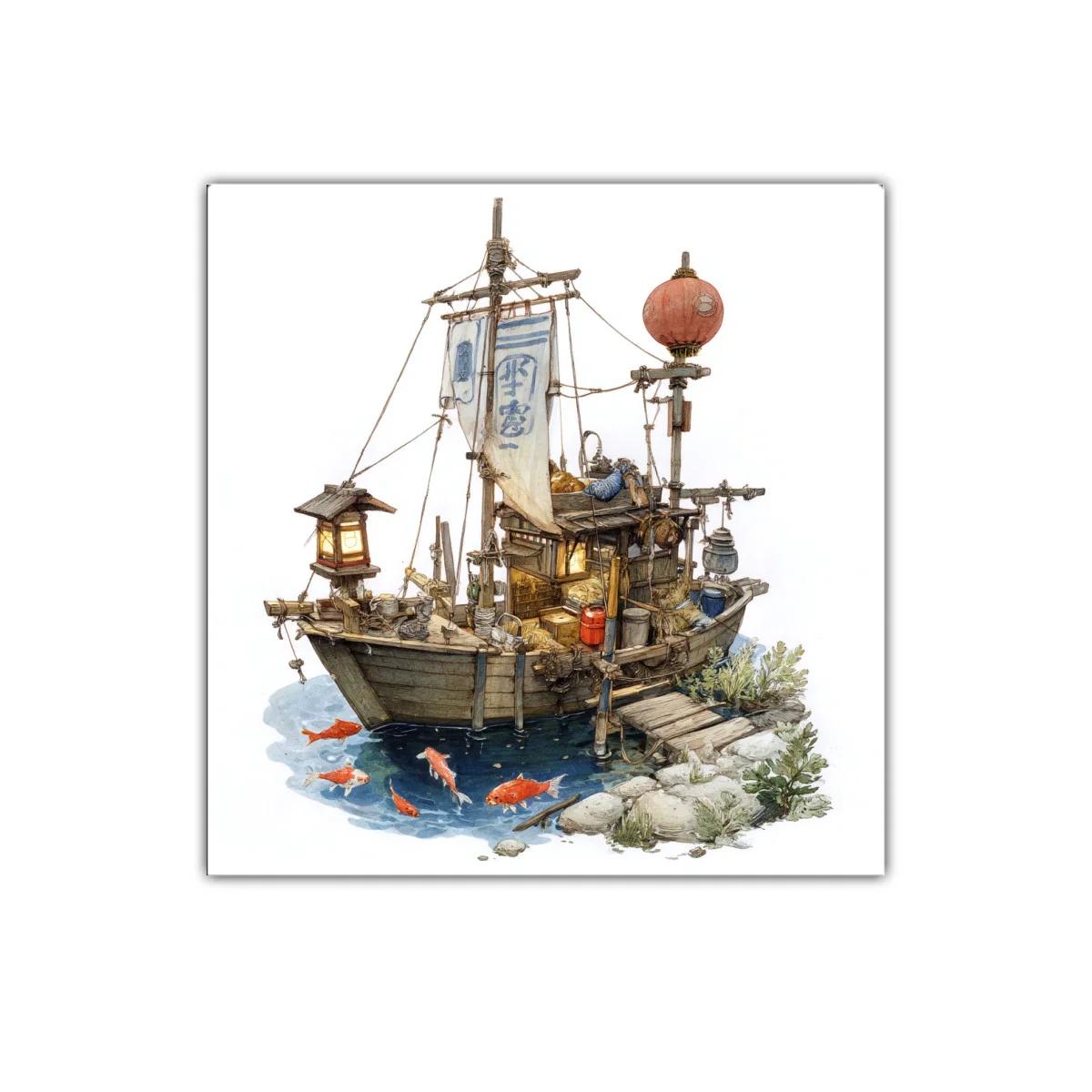 Barco tradicional con linternas y peces en agua tranquila — imagen principal