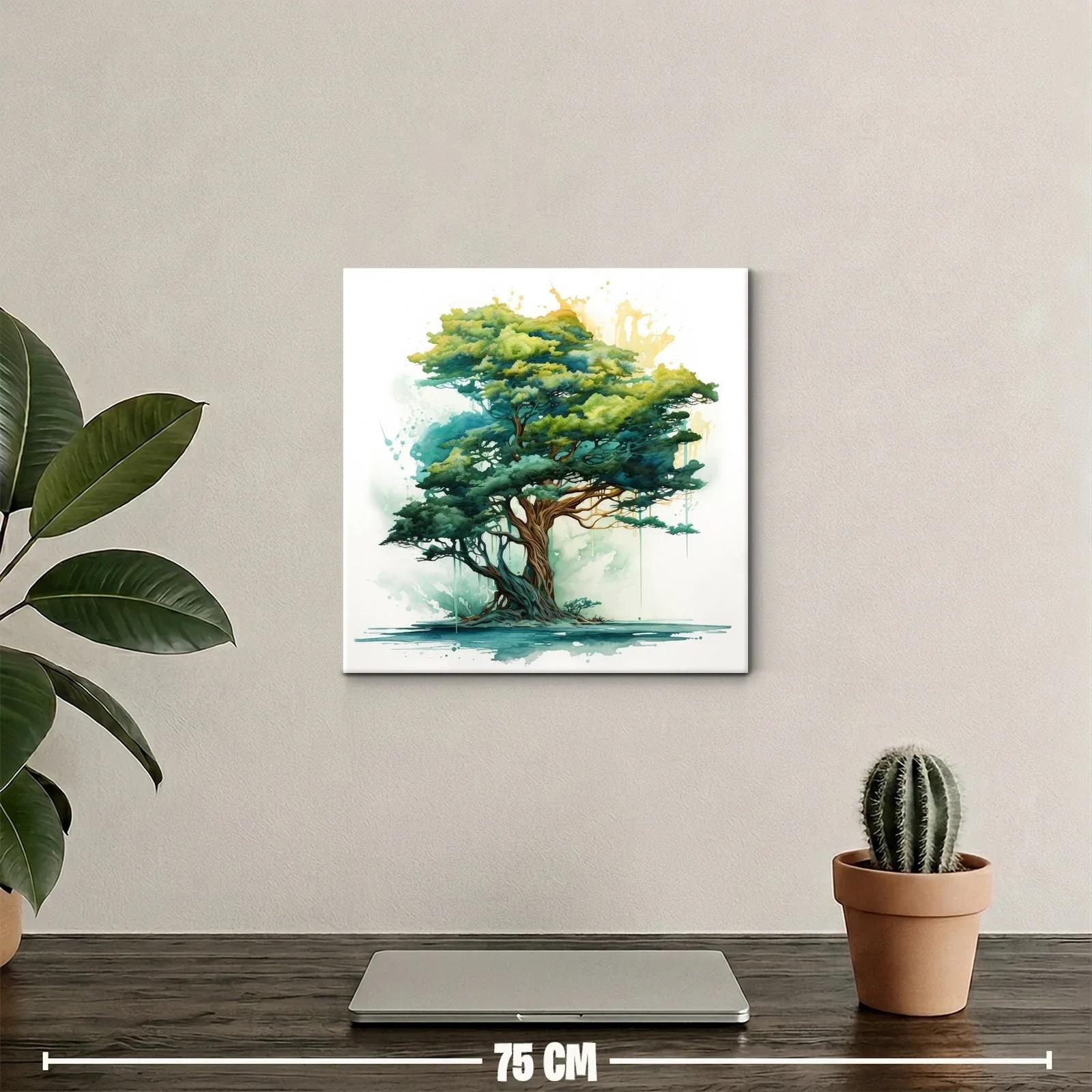 Árbol en tonos verdes con toque de acuarela y luz dorada — miniatura 2