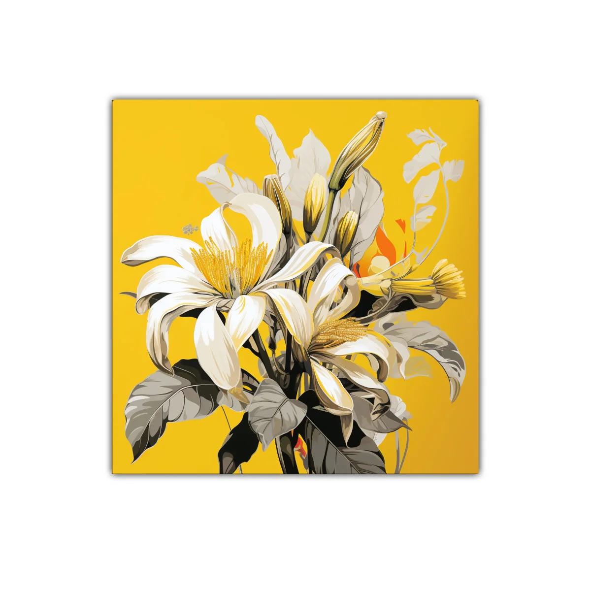 Cuadro floral con lirios blancos sobre fondo amarillo vibrante — imagen principal