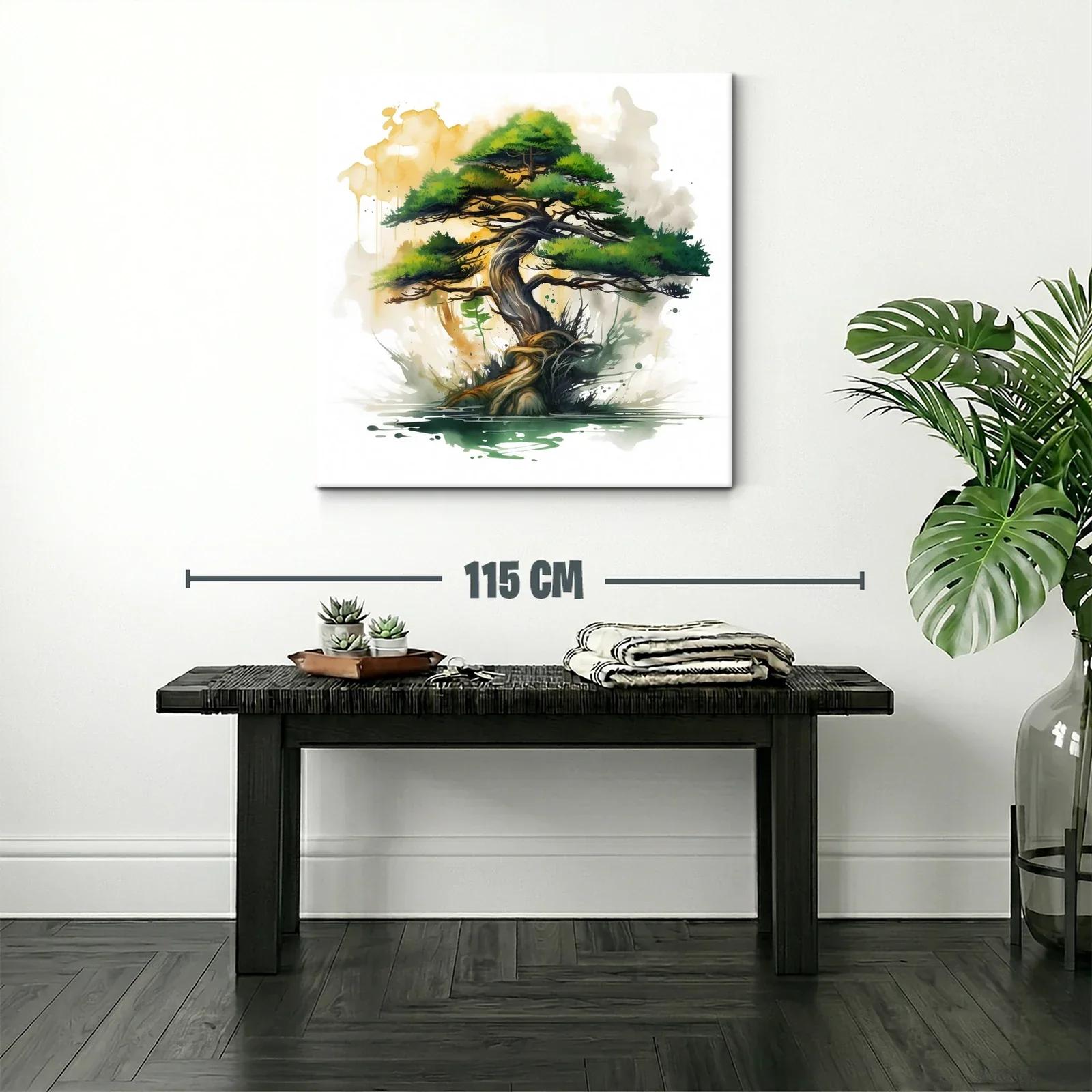 Árbol bonsái con tonos verdes y dorados en acuarela moderna — miniatura 2