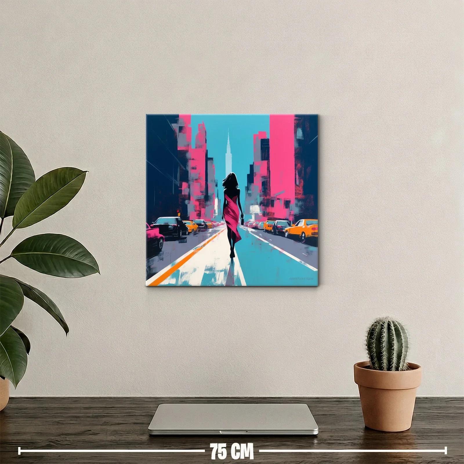 Mujer en vestido fucsia caminando por ciudad vibrante — miniatura 2