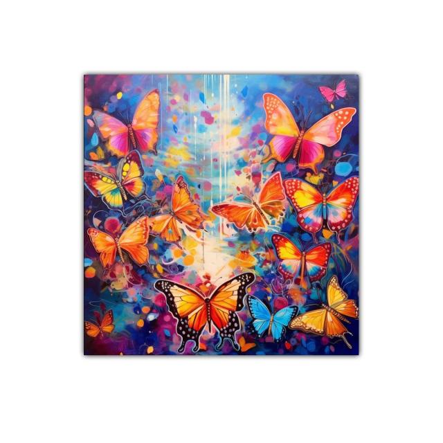 Cuadro vibrante con mariposas en vuelo multicolor