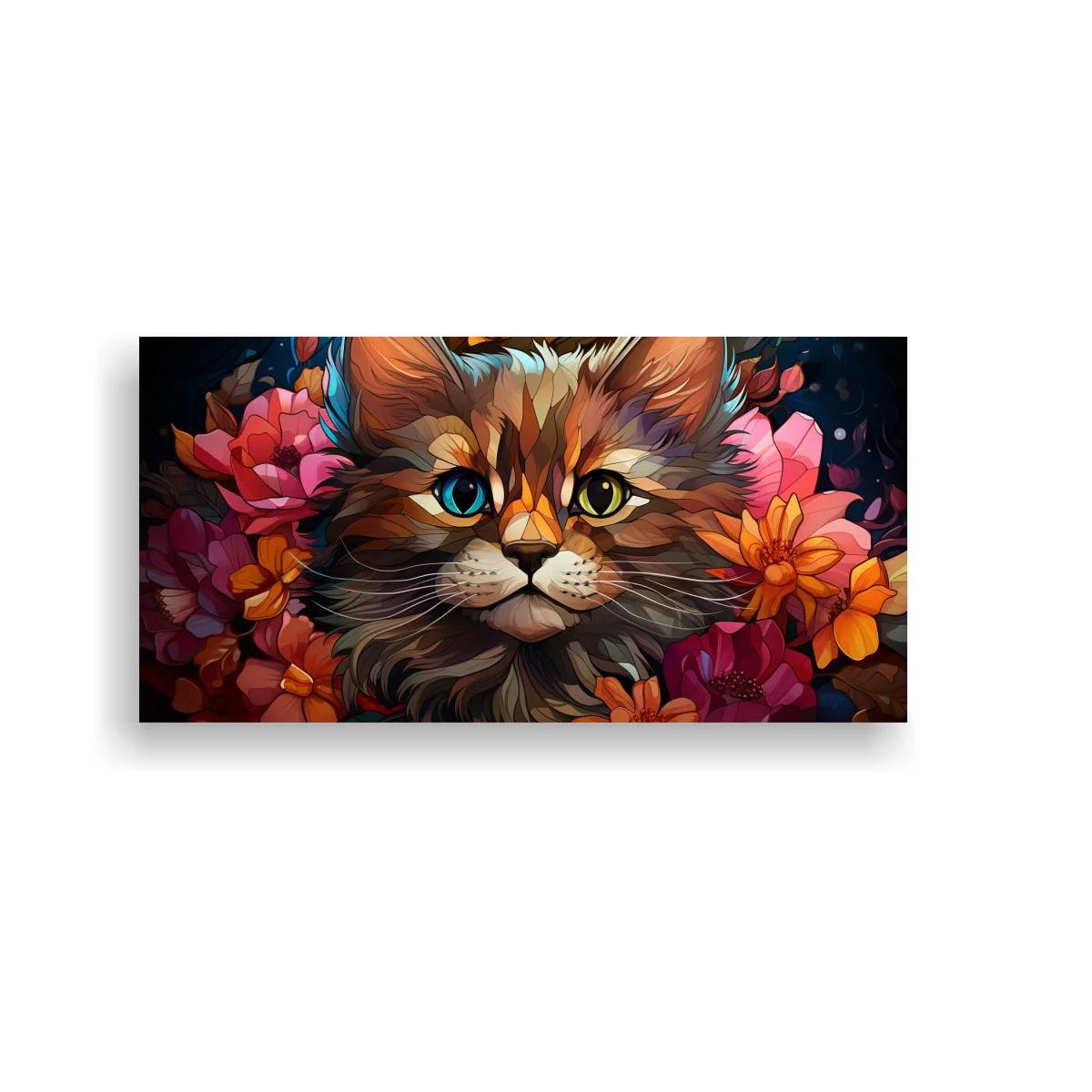 Cuadro gato de pelo largo con flores y fondo sombreado