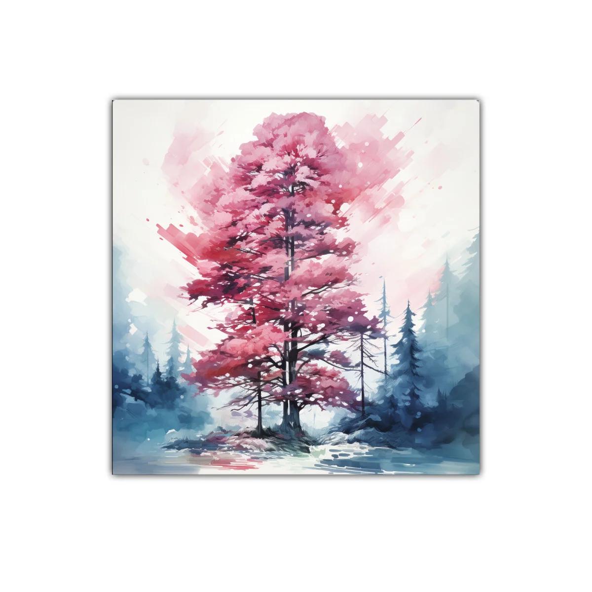 Árbol rosa en paisaje nevado con toque abstracto — imagen principal