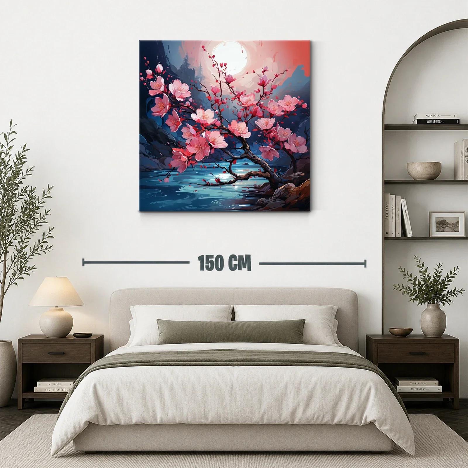 Rama de flores rosas bajo la luna en paisaje sereno — miniatura 3