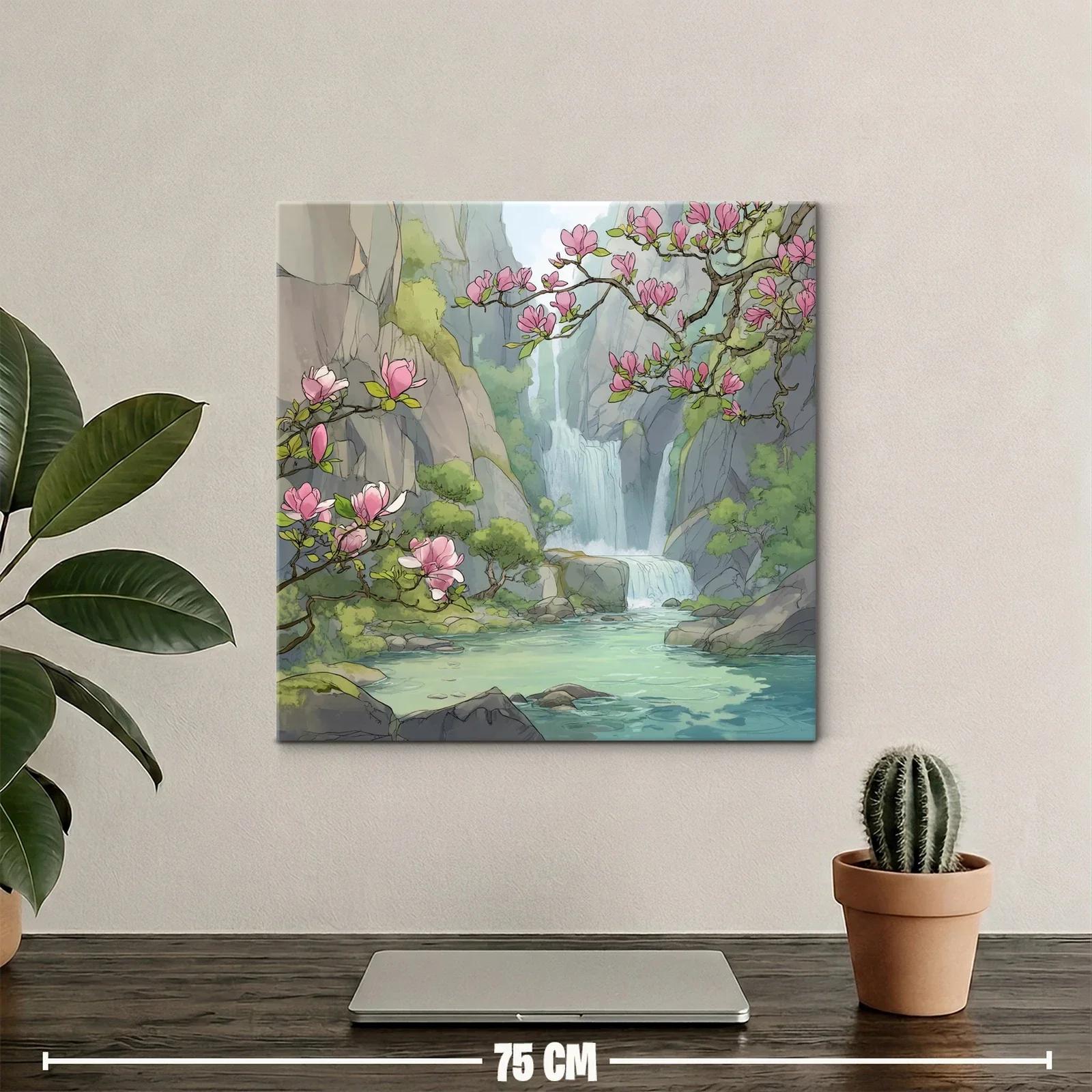 Paisaje sereno con cascada y flores rosadas en ribera — miniatura 2