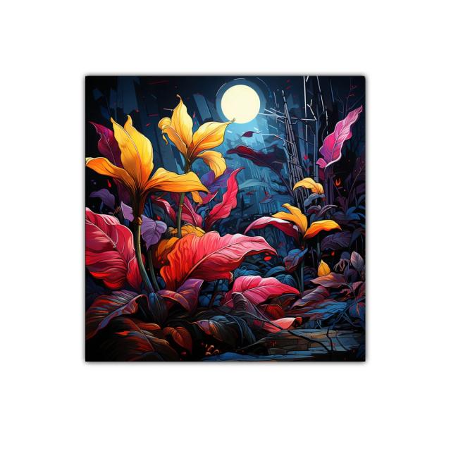 Jardín nocturno vibrante con luna llena y follaje colorido