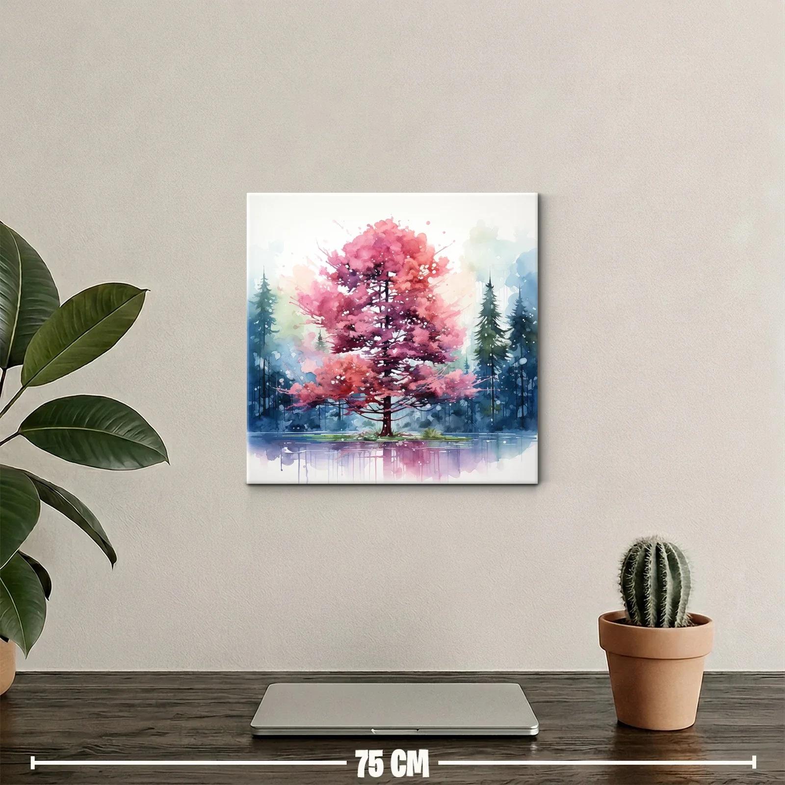 Árbol rosa en lago con fondo de pinos azules y verdes — miniatura 2