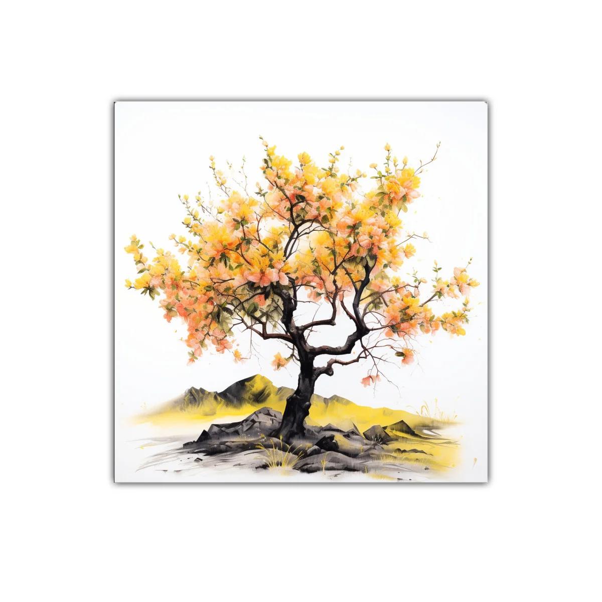 Arbol con flores amarillas y naranjas sobre rocas y paisaje — imagen principal