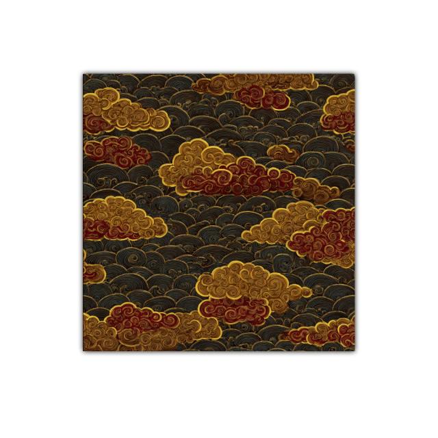 Cuadro decorativo con nubes doradas y rojas sobre fondo oscuro