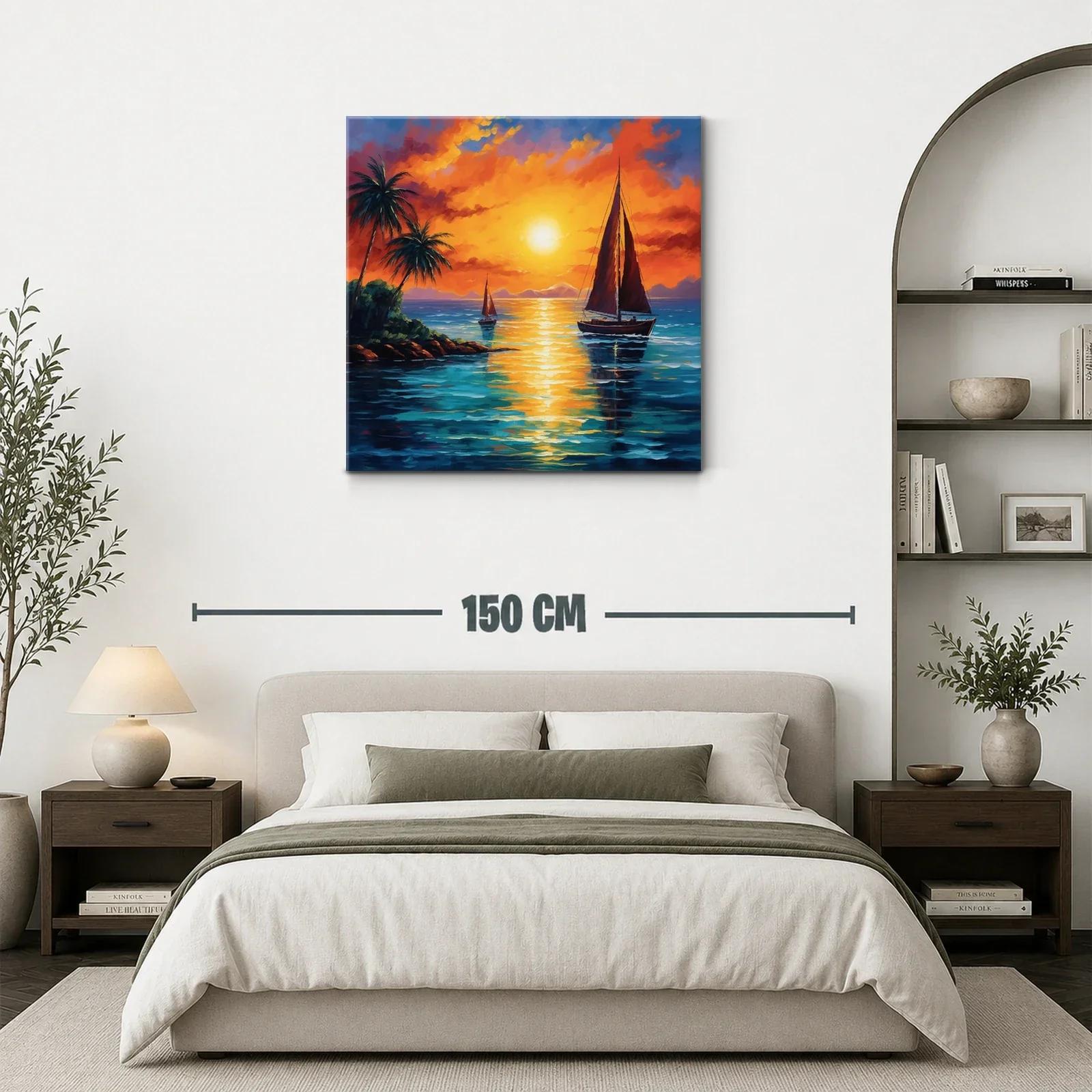Atardecer en la costa con velero y palmeras tropicales — miniatura 3