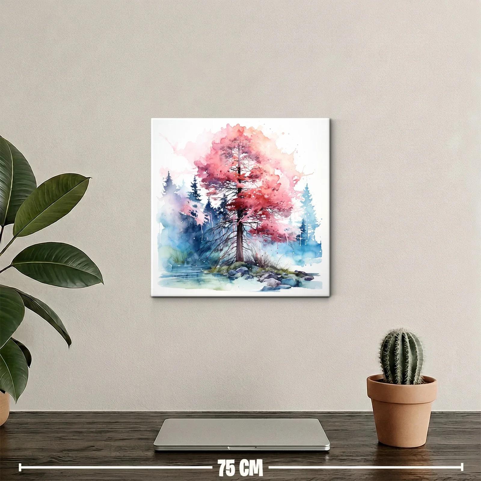 Árbol en otoño con hojas rosas y fondo de bosque azul — miniatura 2