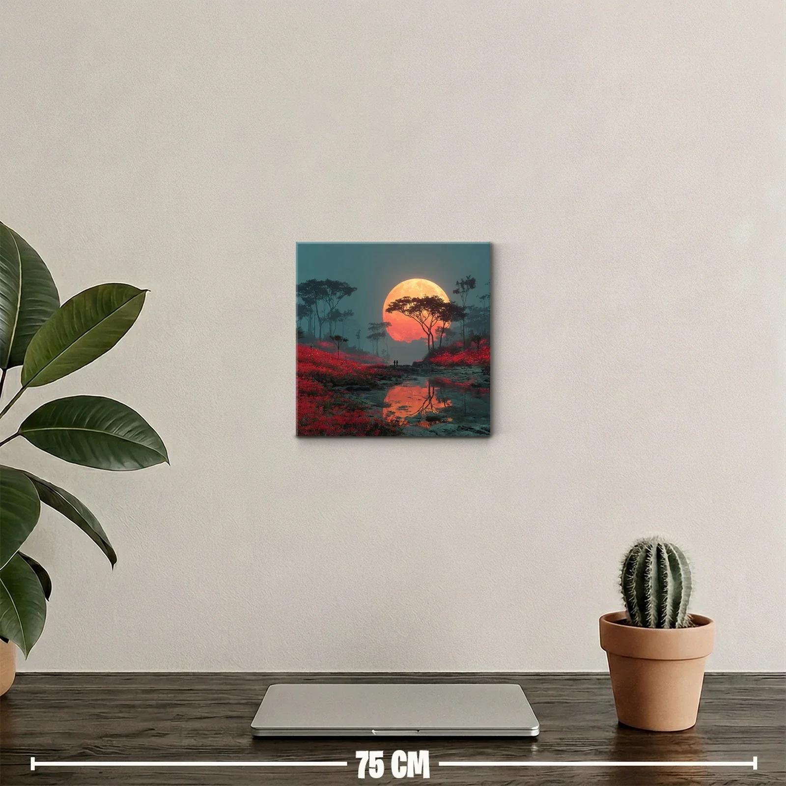 Paisaje nocturno con luna llena y campo rojo vibrante — miniatura 2