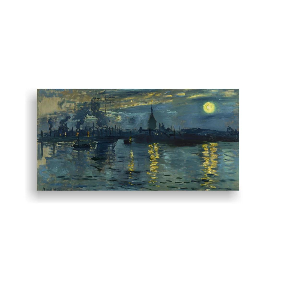Cuadro paisaje urbano nocturno con luna y reflejos