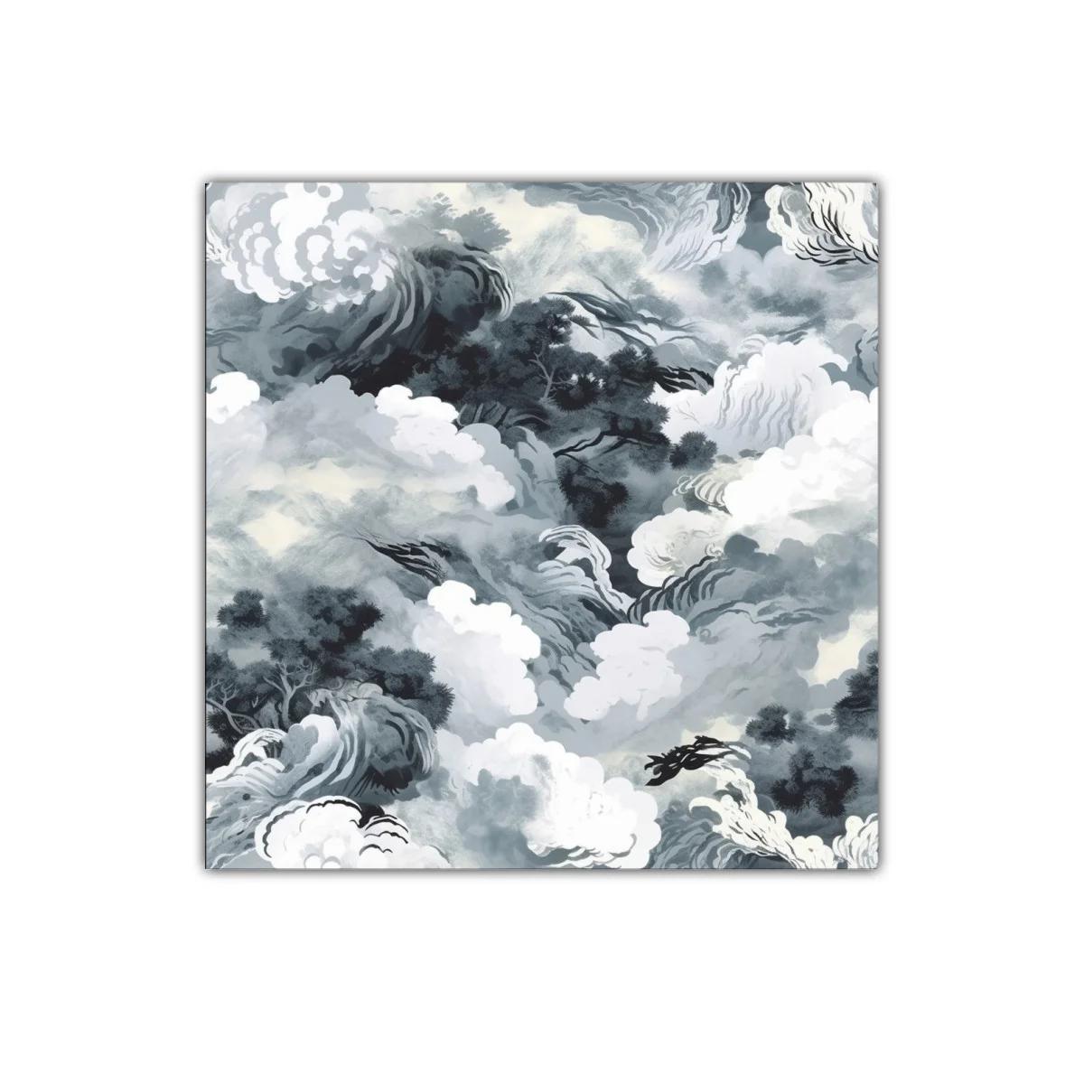 Cuadro abstracto con formas de nubes y árboles en tonos grises