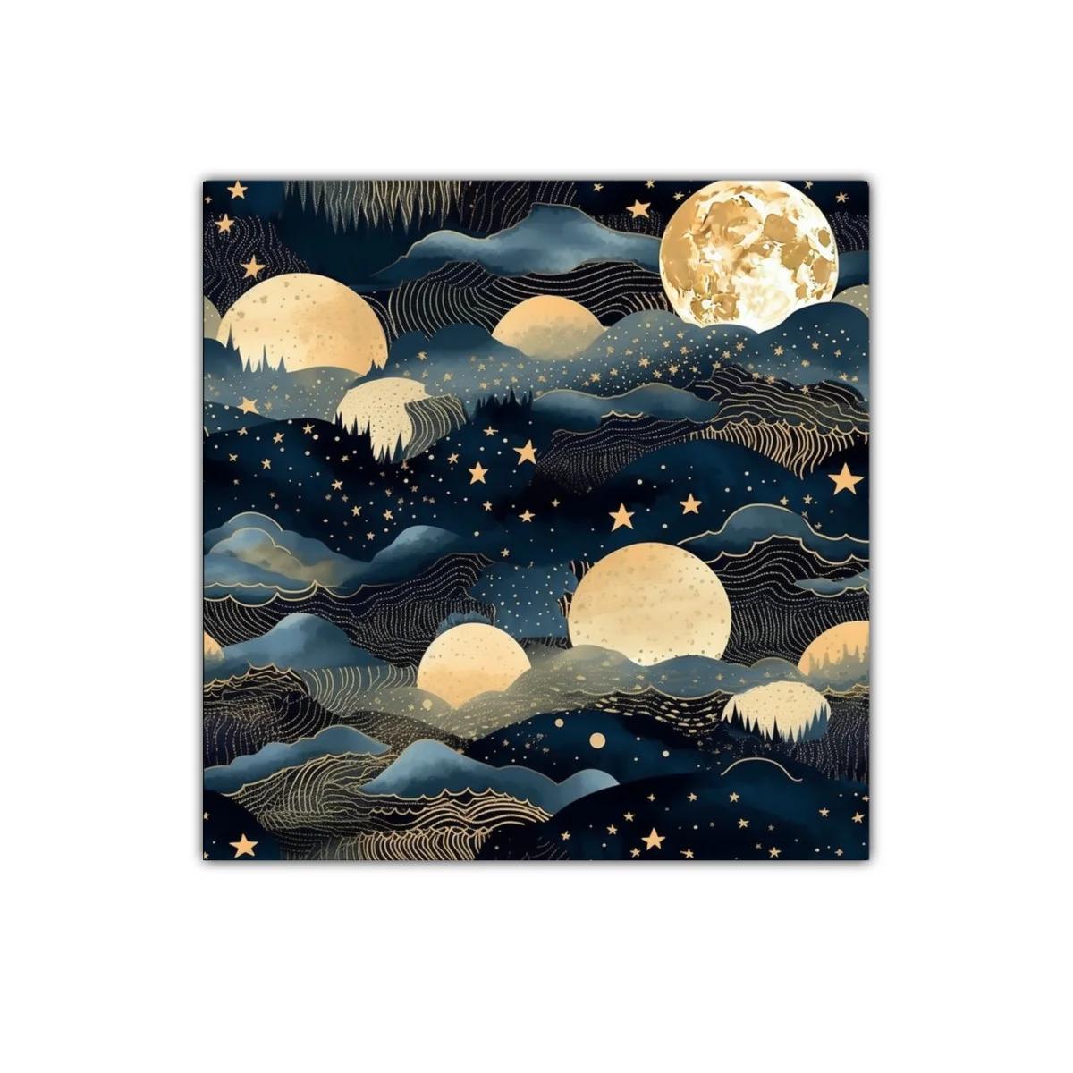 Cuadro decorativo paisaje nocturno con lunas doradas y estrellas — imagen principal