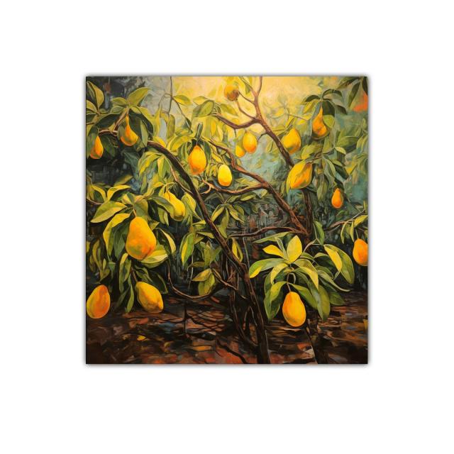 Cuadro decorativo con limón y hojas en tonos cálidos