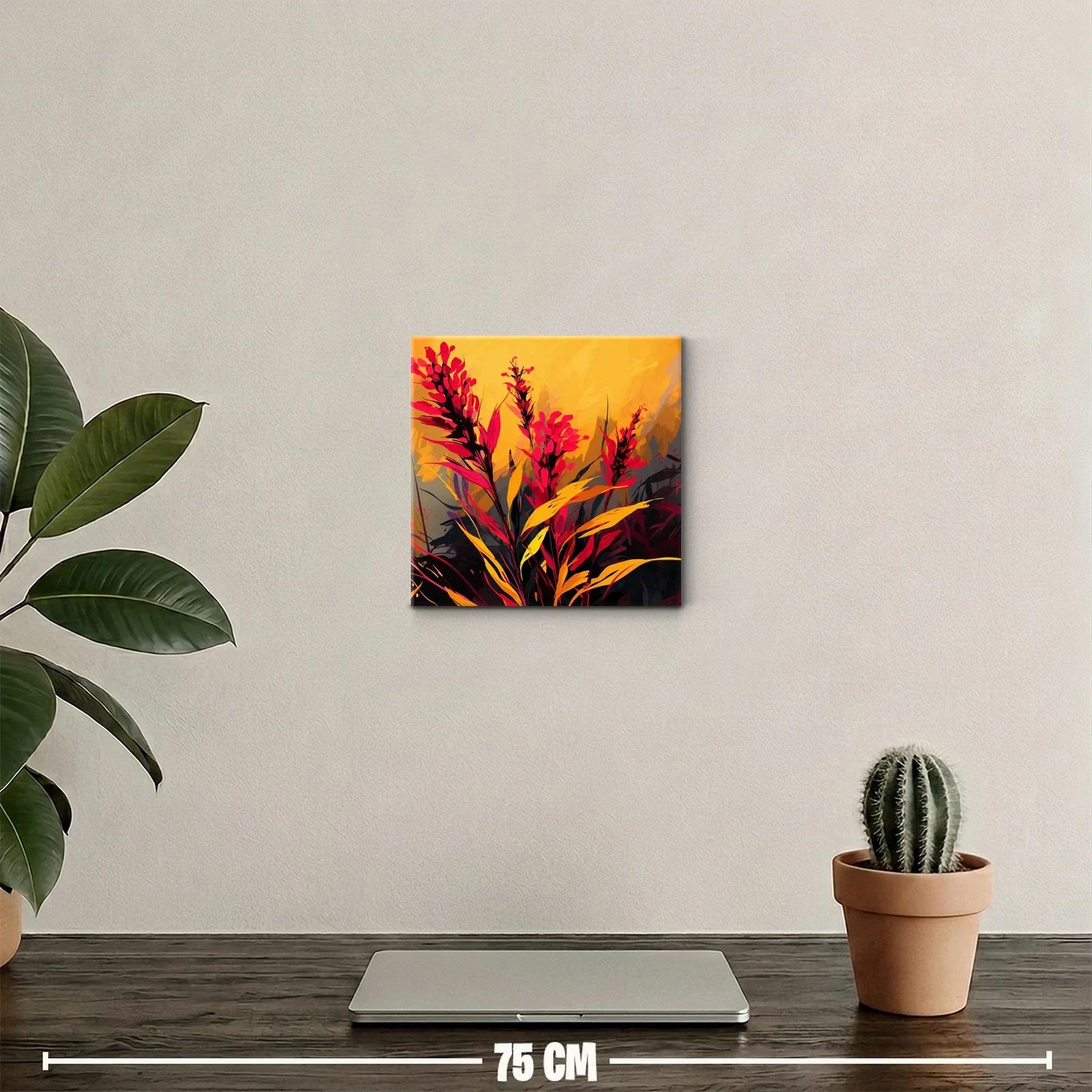 Cuadro decorativo con flores rojas y hojas doradas vibrantes — miniatura 2