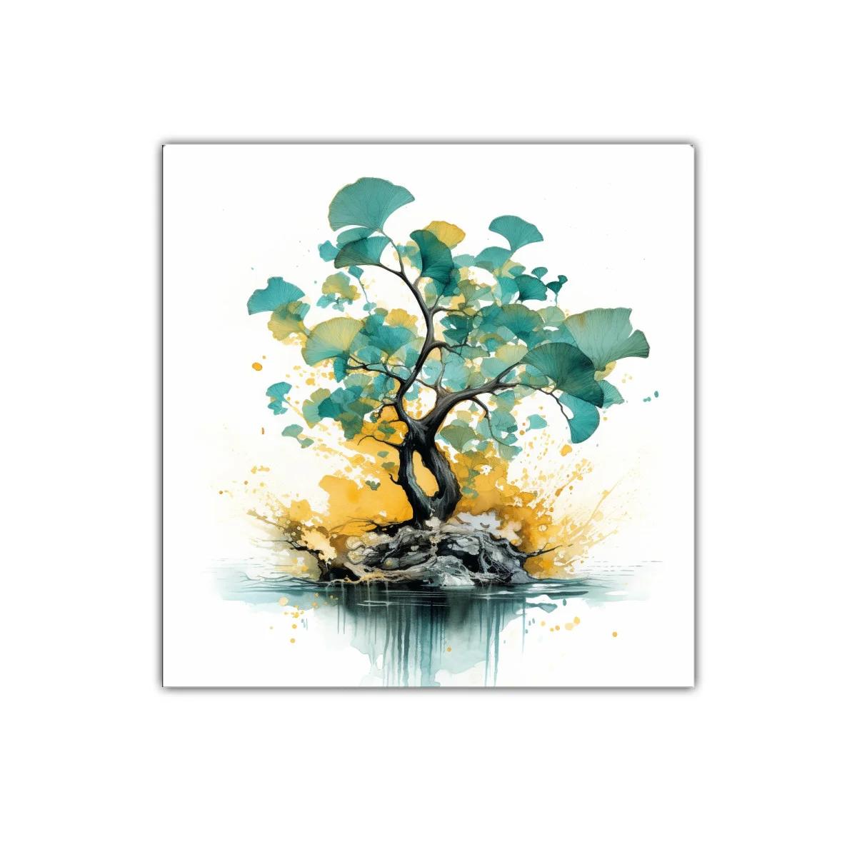 Árbol abstracto con hojas en tonos azules y amarillos