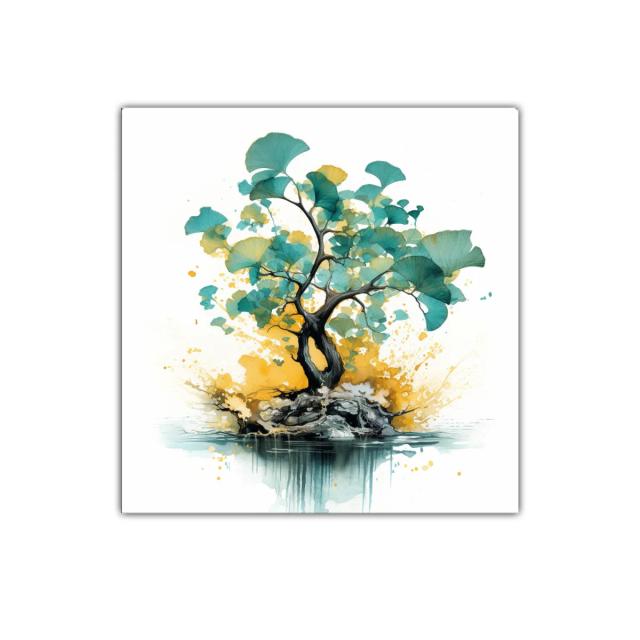 Árbol abstracto con hojas en tonos azules y amarillos