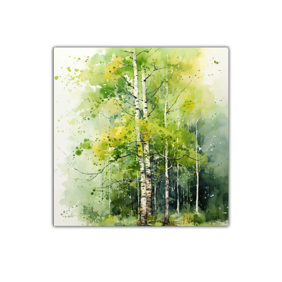 Bosque de abedules en verdes y amarillos vibrantes