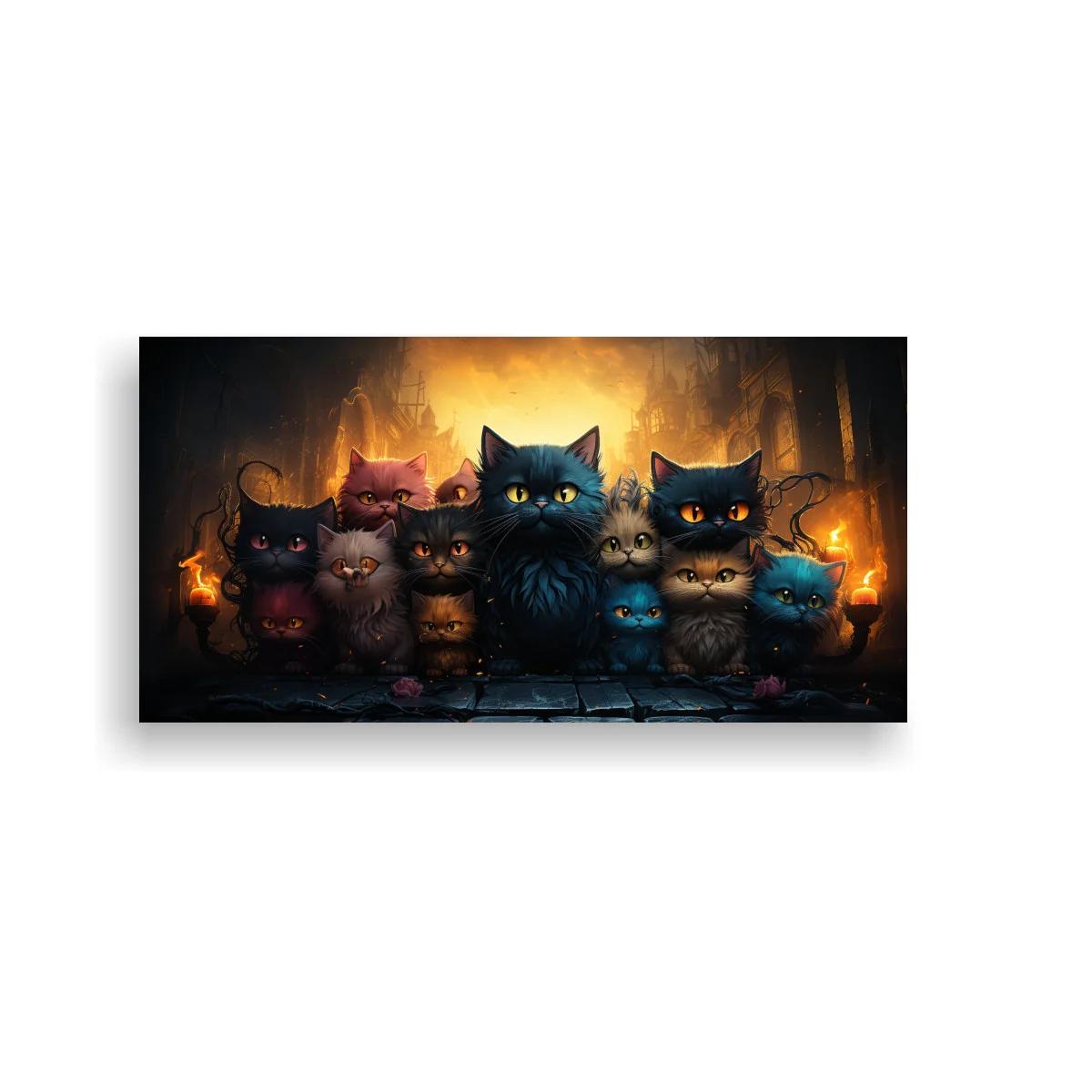 Cuadro grupo de gatos iluminados por antorchas