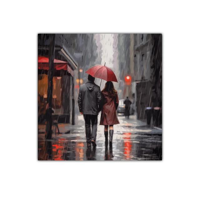 Pareja caminando bajo la lluvia con paraguas rojo