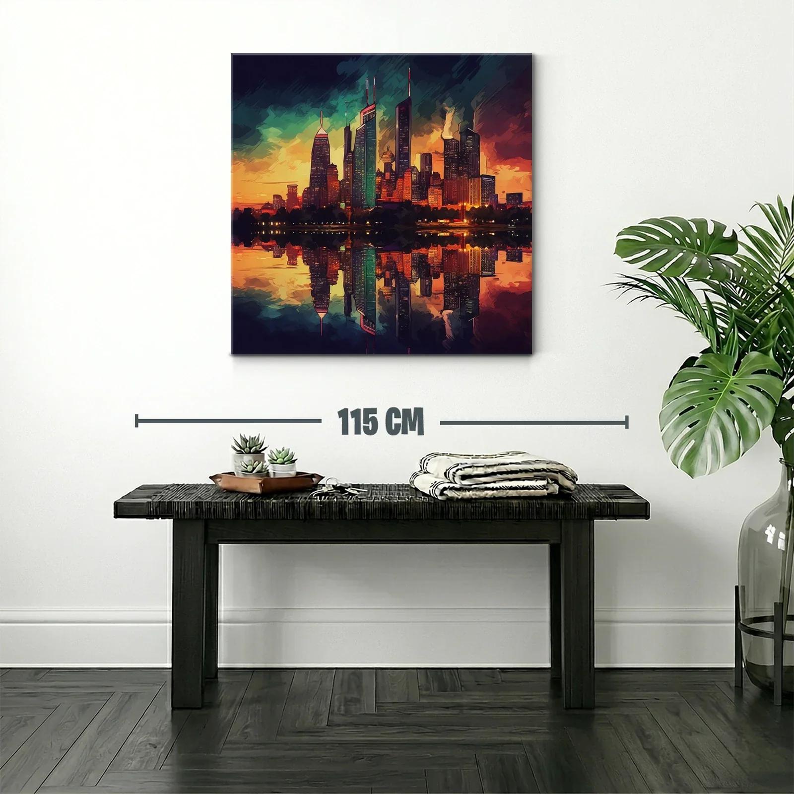 Atardecer vibrante sobre ciudad con reflejo en agua — miniatura 2