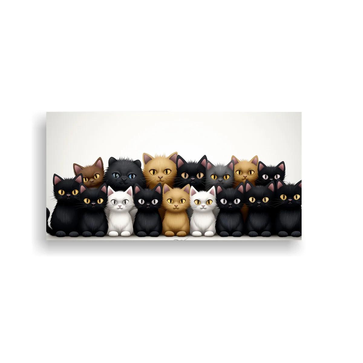 Cuadro fila de gatos con ojos amarillos y fondo claro