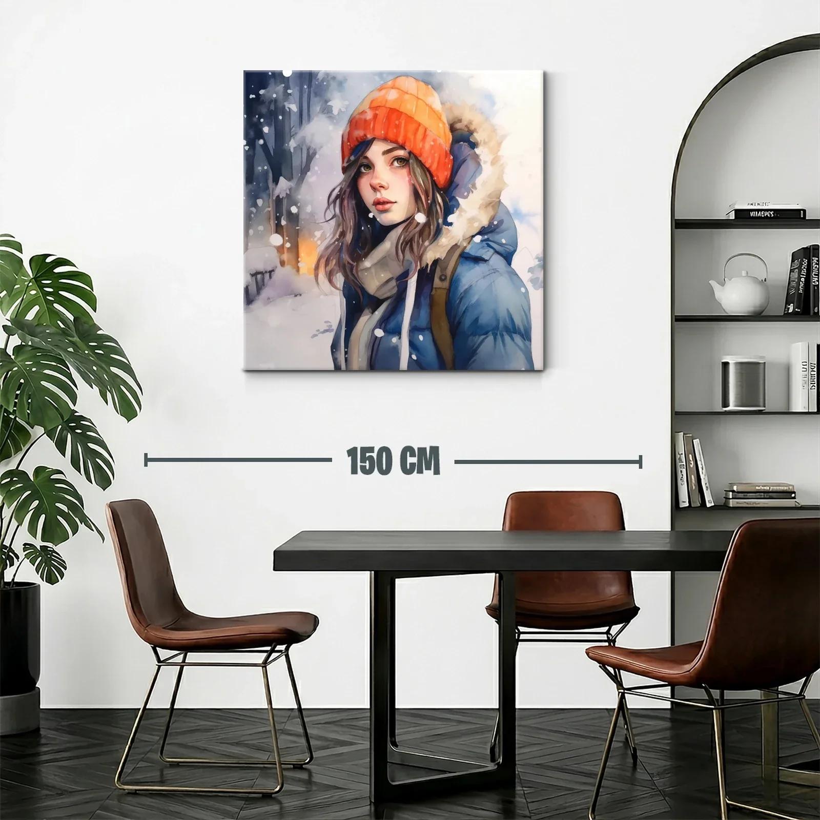 Retrato femenino invernal con gorro naranja y abrigo azul — miniatura 2
