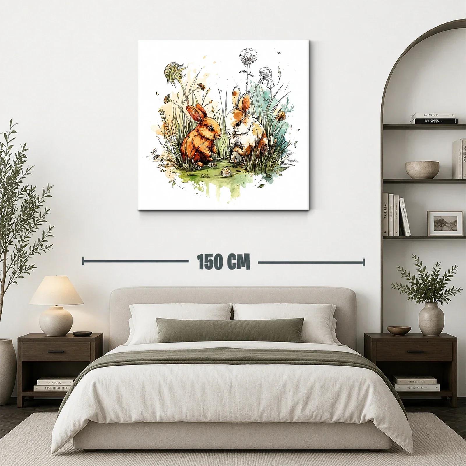 Dúo de conejos rodeados de flores y hierba fresca — miniatura 3