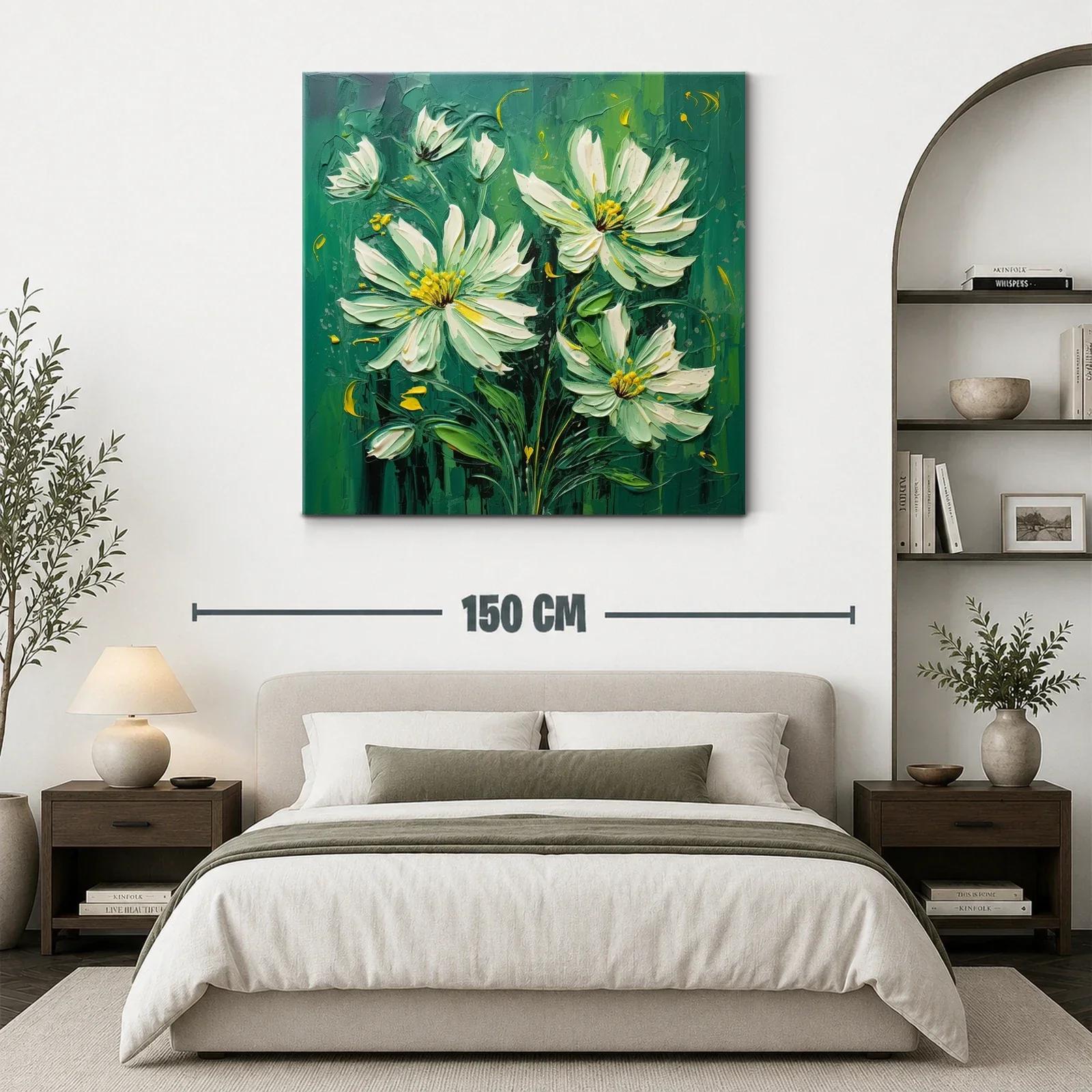 Cuadro flores blancas sobre fondo verde intenso — miniatura 3