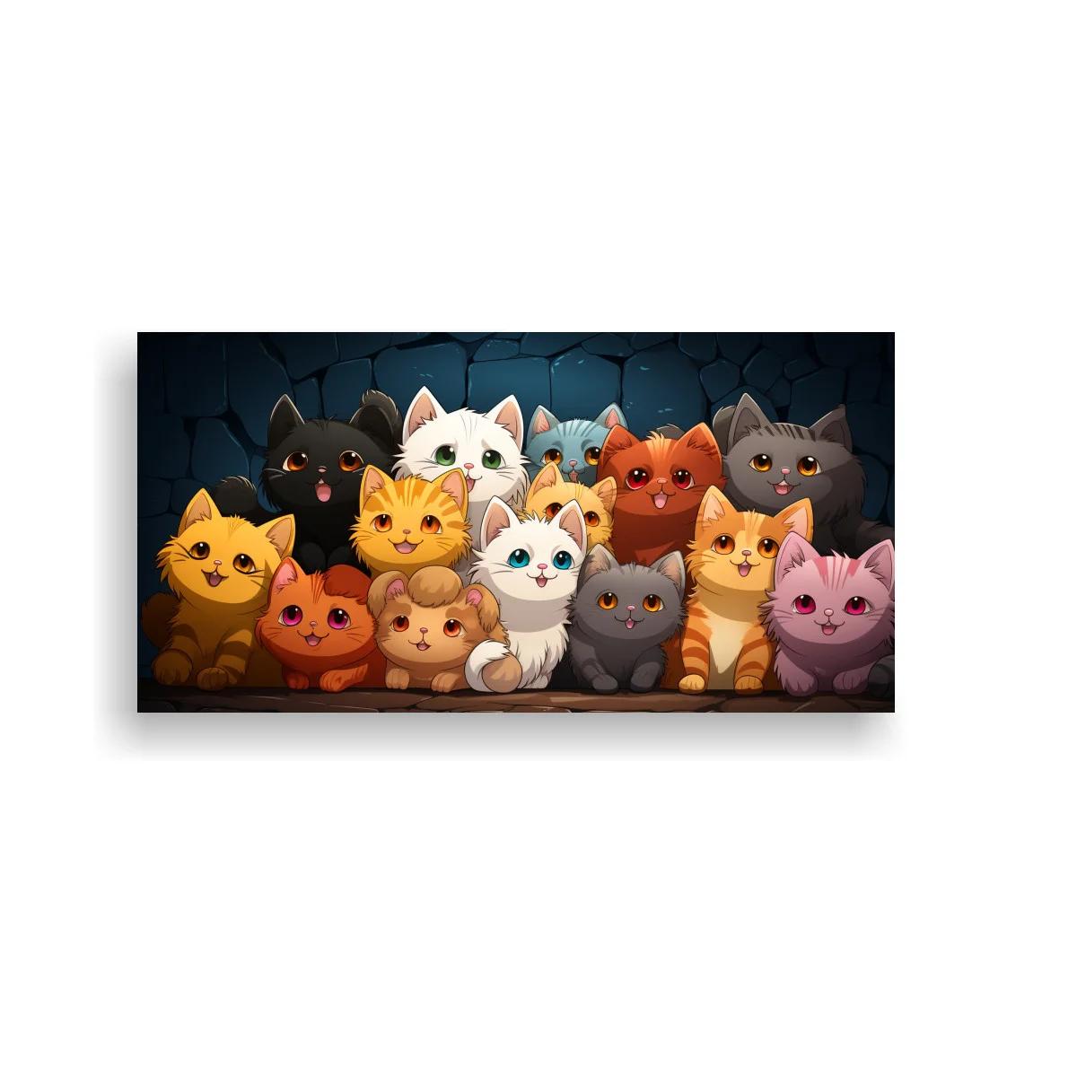 Cuadro grupo de gatos sobre muro de piedra