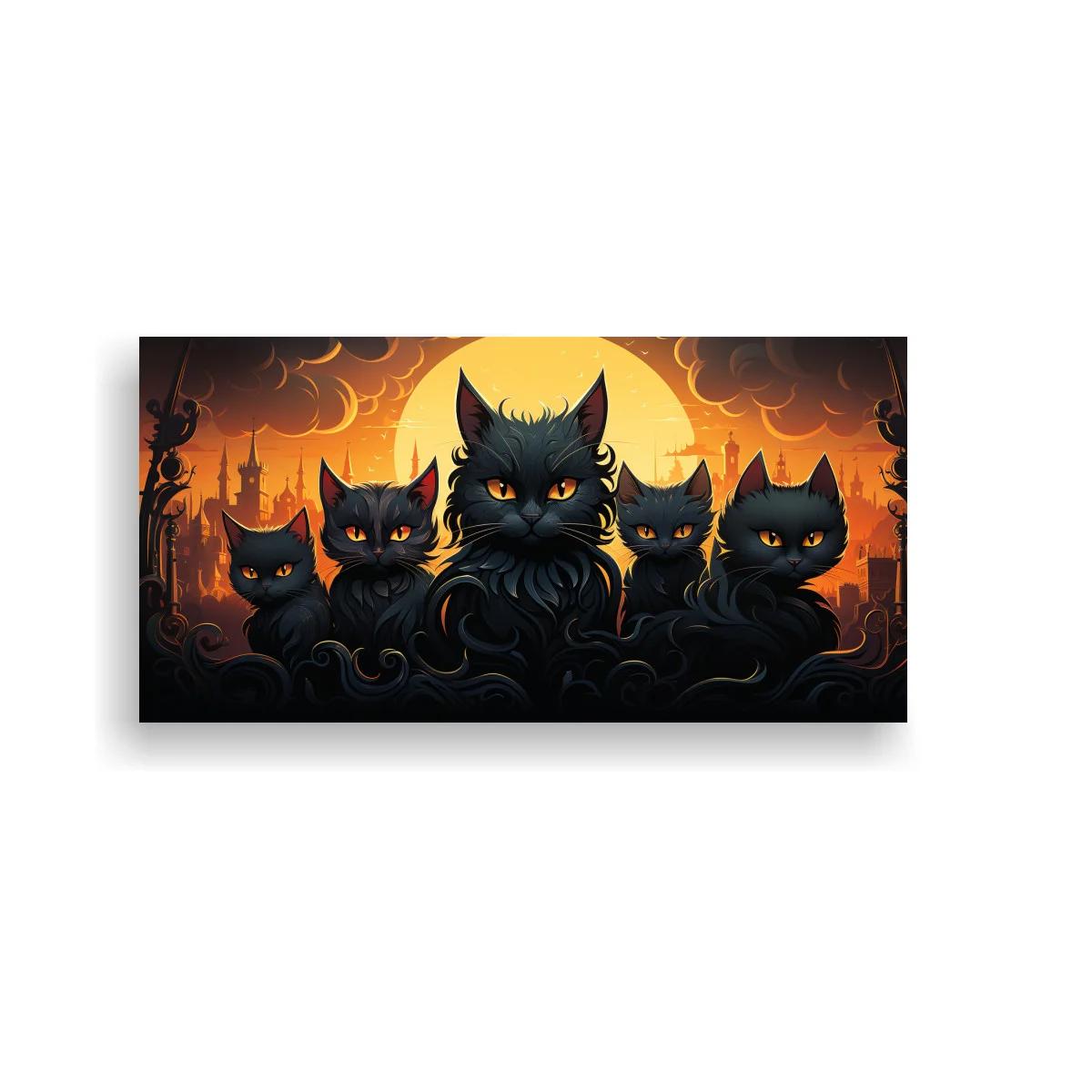 Cuadro grupo de gatos negros con luna grande y siluetas góticas